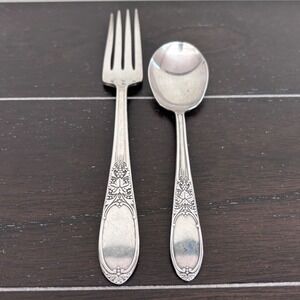 Vintage Wm Rogers & Son Burgundy Champagne Silverplate Fork‎ and Sugar Spoon Set